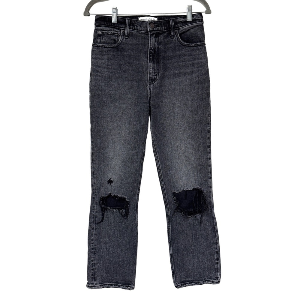 {A&F} "The Ankle Straight Ultra High Rise" Faded Black Distressed Stretch Denim
